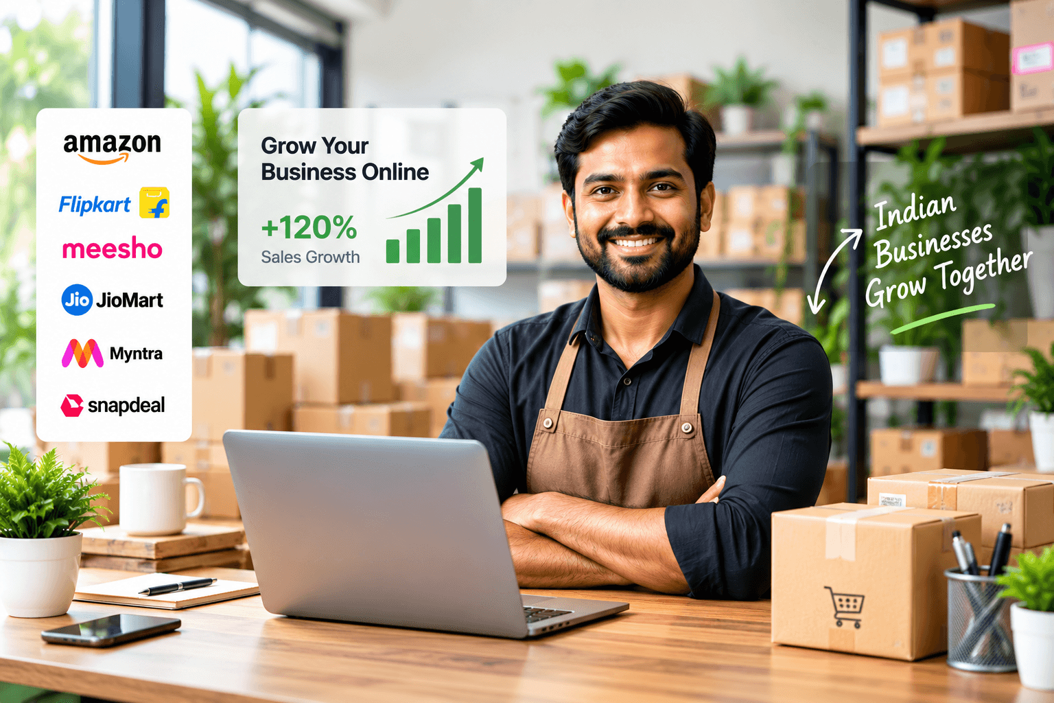 Indian seller managing an online business with products and shipping packages
